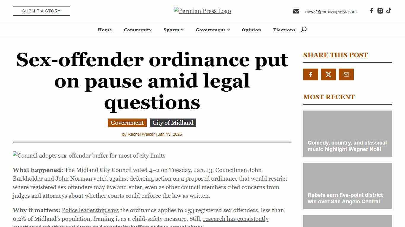 Sex-offender ordinance put on pause amid legal questions - Permian Press